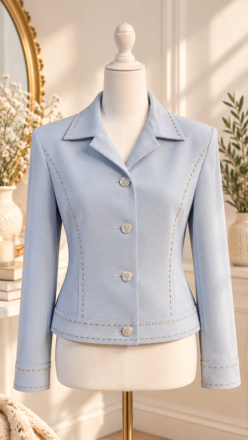 Ambre Paris Powder Blue Tailored Jacket – Vintage-Inspired Gold Stitch Detail