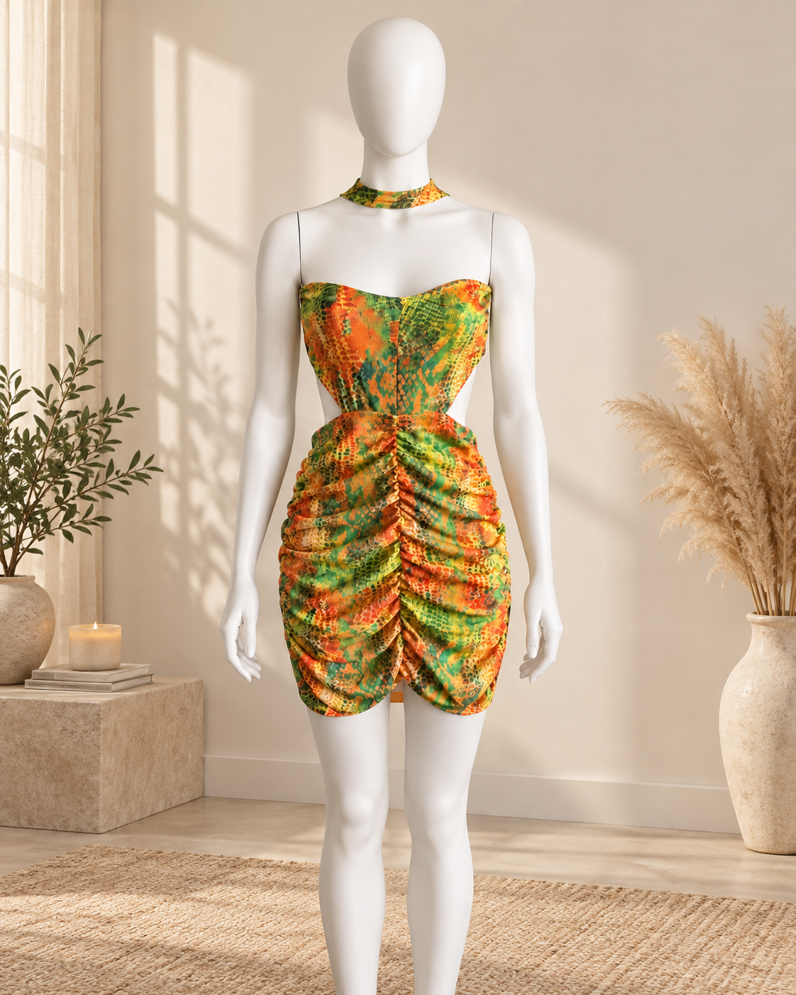 PrettyLittleThing Y2K Snake Print Cut-Out Ruched Mini Dress – UK 10
