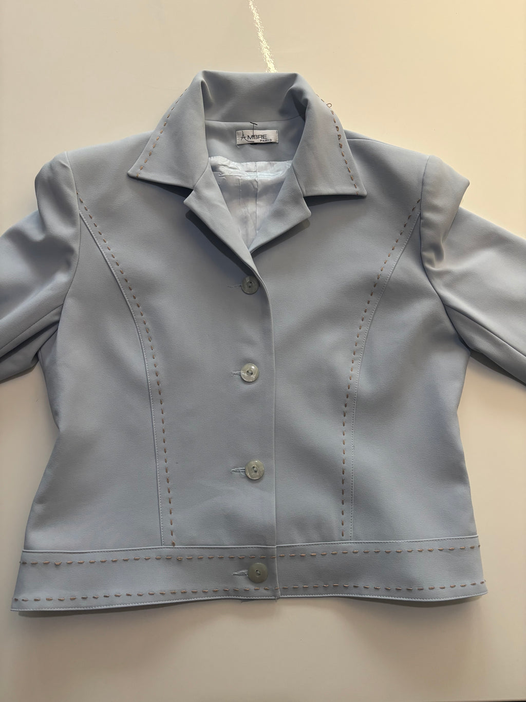 Ambre Paris Powder Blue Tailored Jacket – Vintage-Inspired Gold Stitch Detail