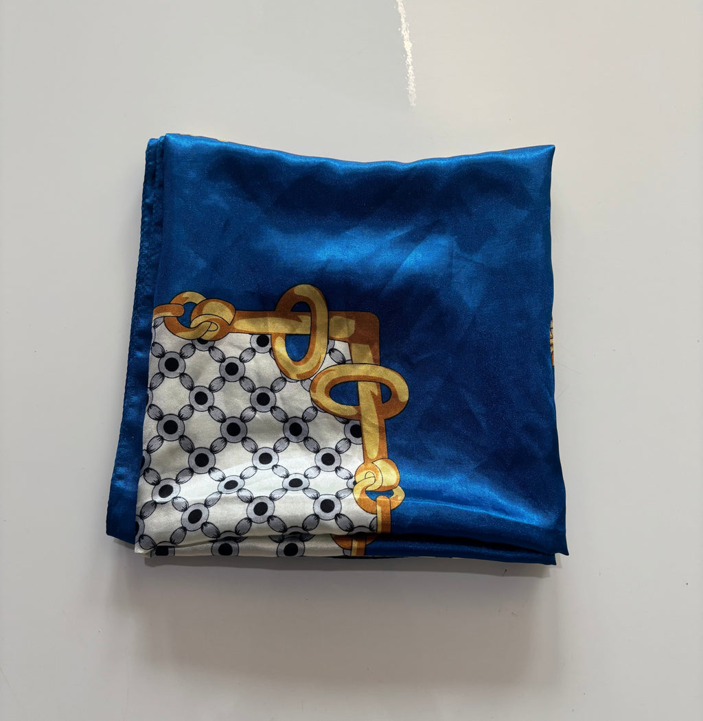 Vintage Blue Equestrian Chain Print Satin Feel Square Scarf – 36”