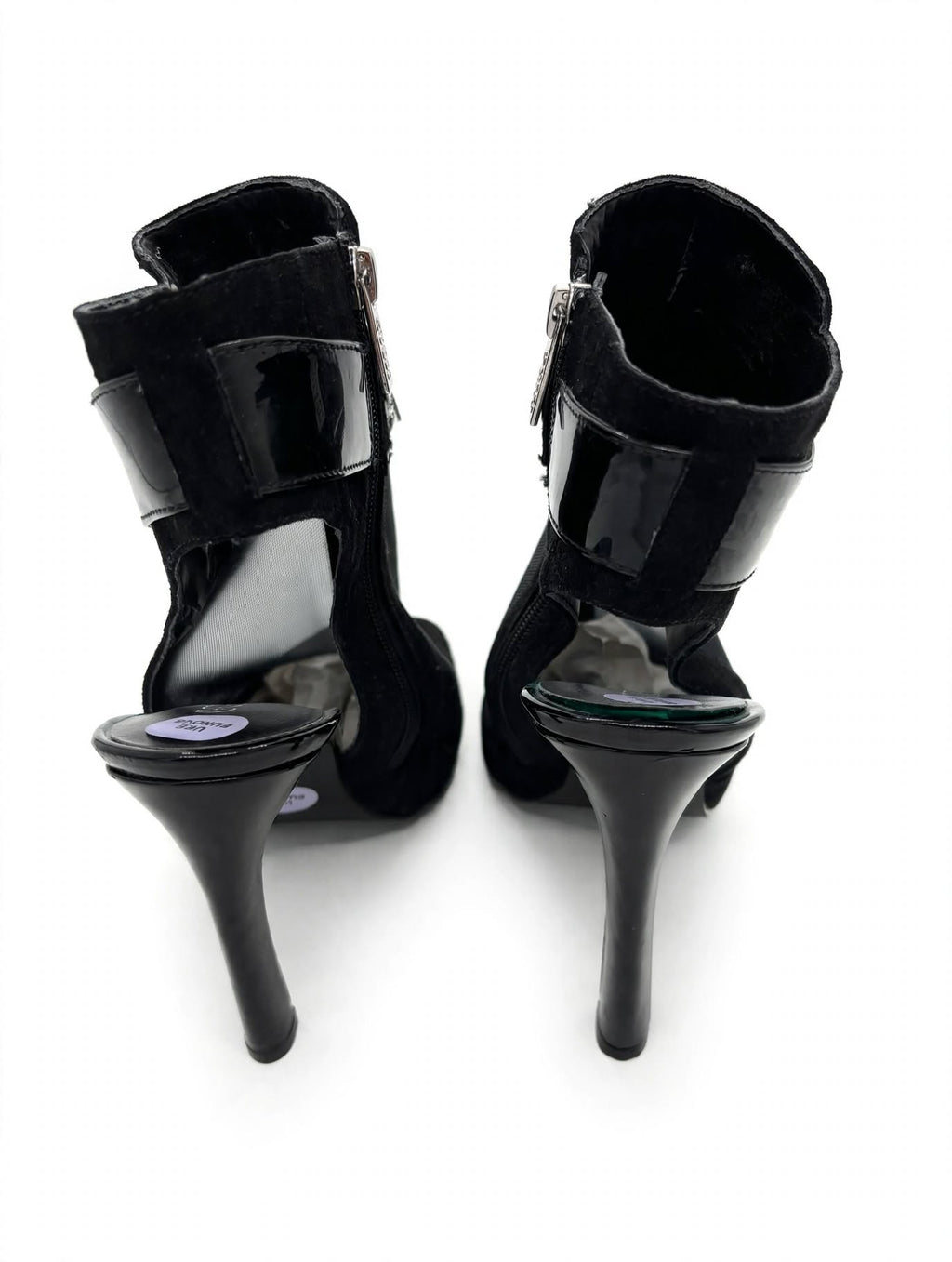 GUESS Black Mesh & Suede-Effect Peep Toe Heels – Silver Detail | UK 6