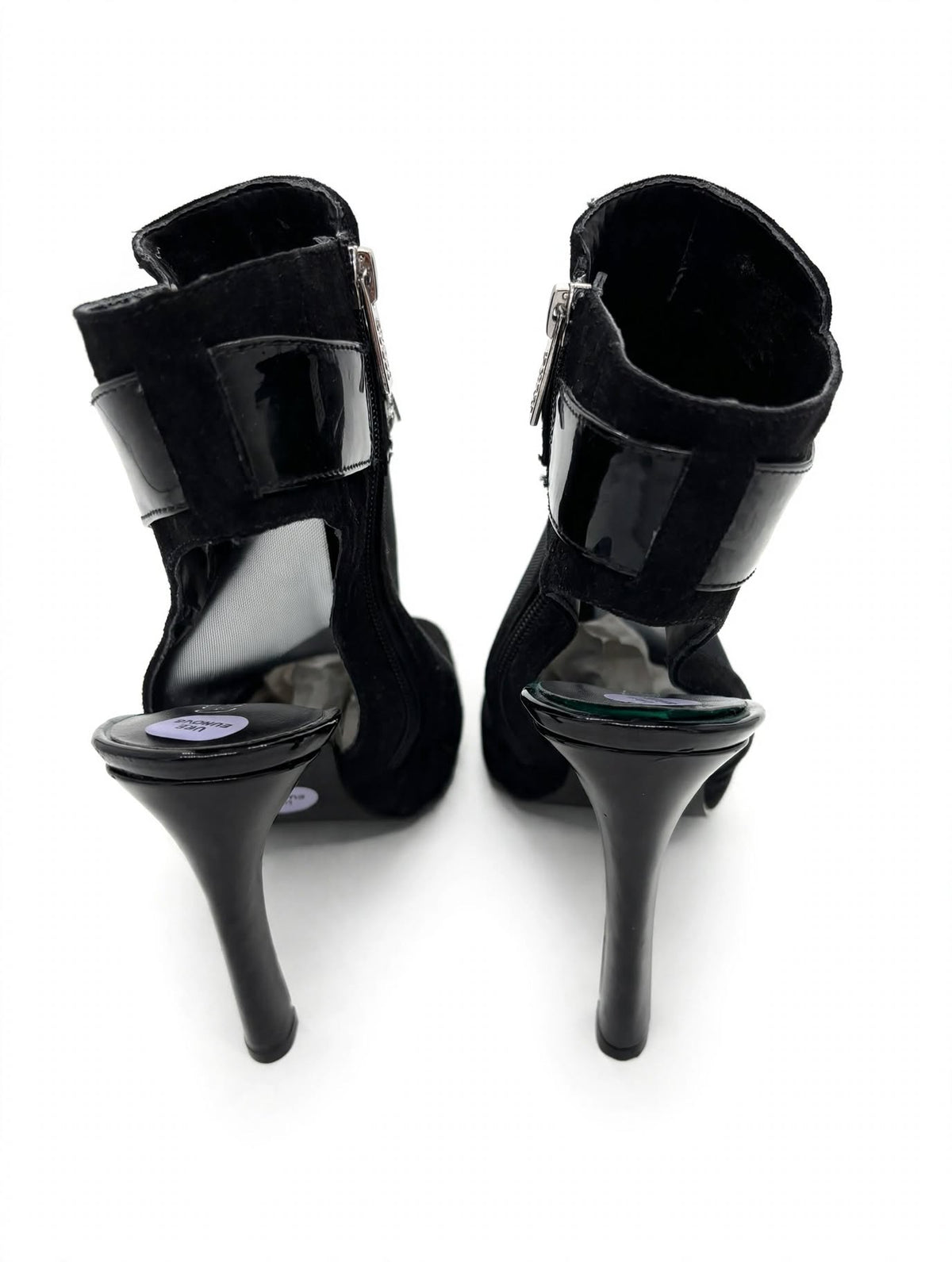 GUESS Black Mesh & Suede-Effect Peep Toe Heels – Silver Detail | UK 6