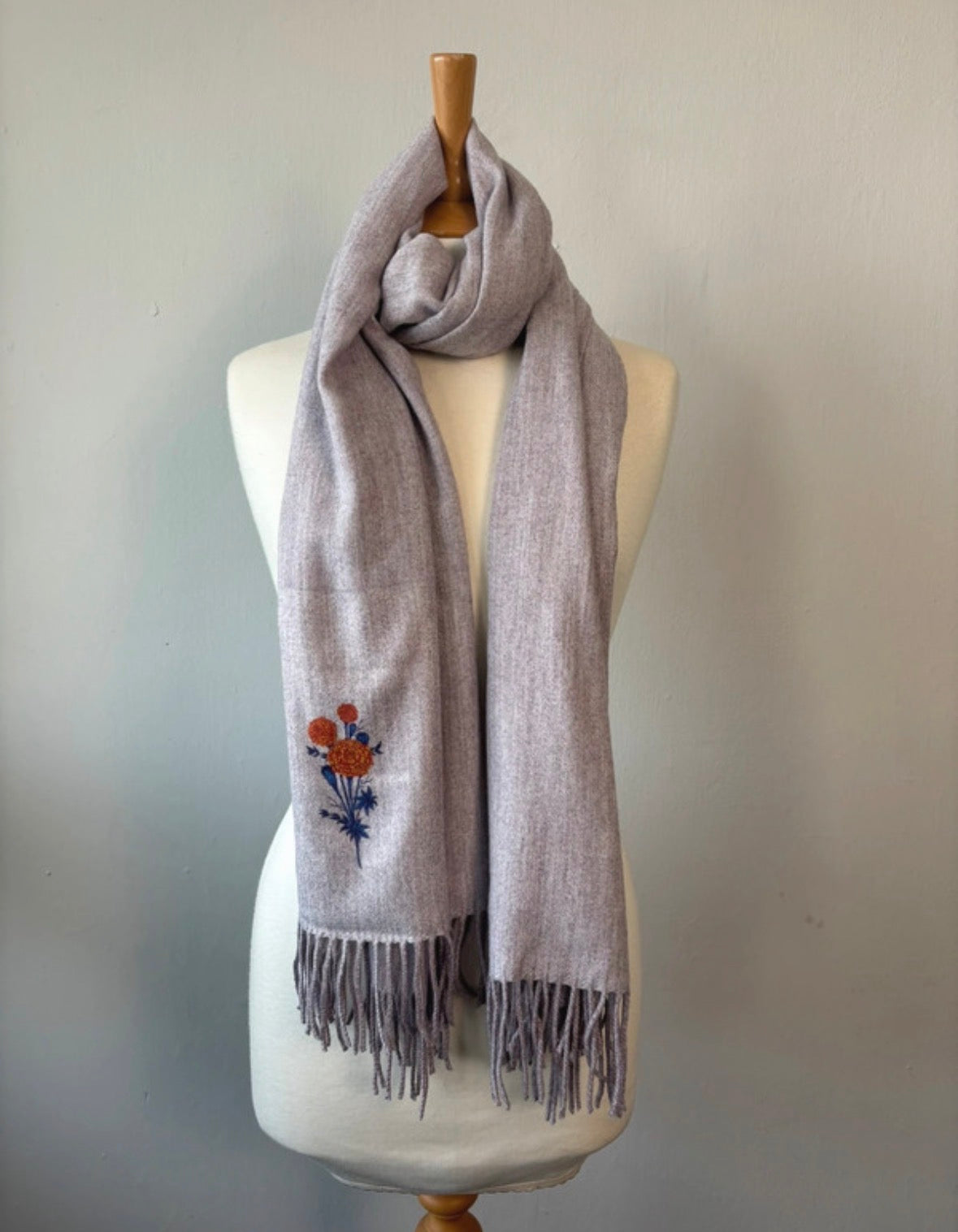 Lilac Floral Embroidered Scarf with Fringed Ends