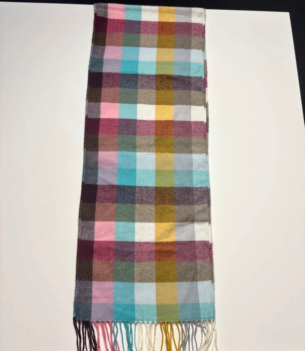 Joules Multicoloured Check Scarf – Pink, Teal & Mustard