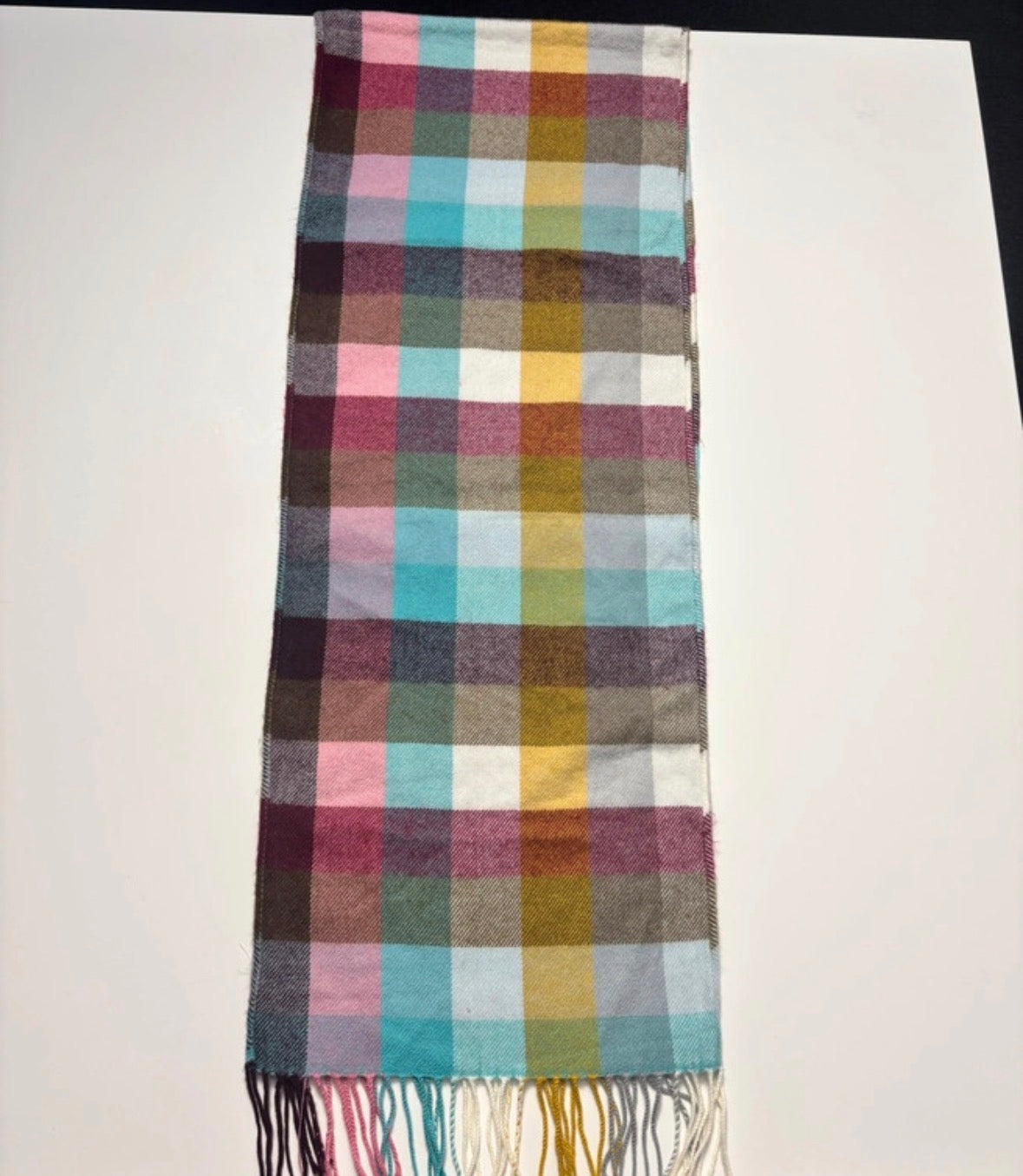 Joules Multicoloured Check Scarf – Pink, Teal & Mustard