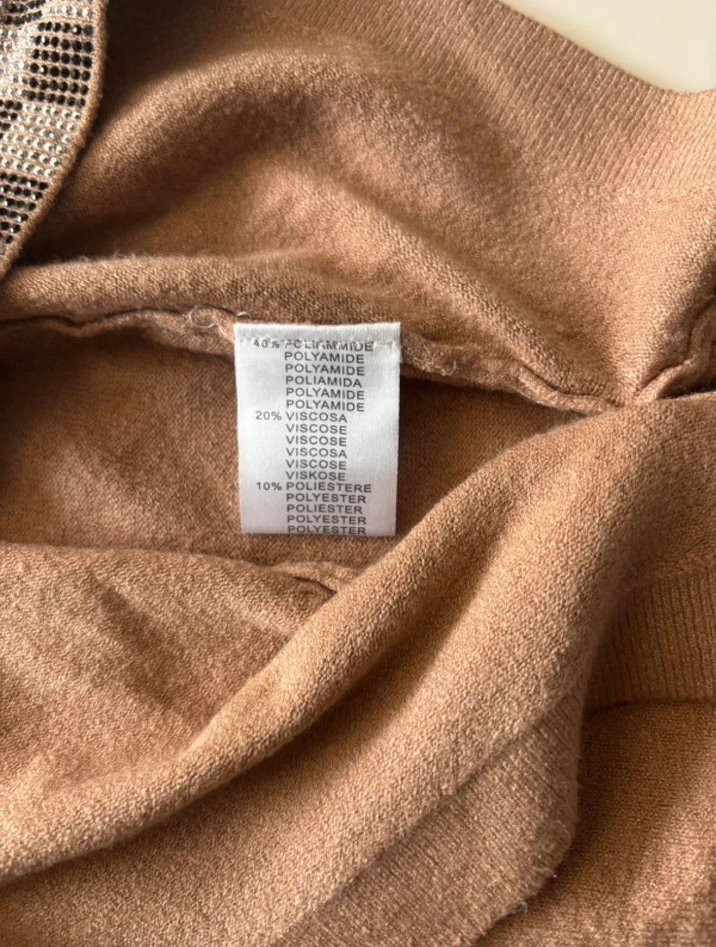 M&V Camel Brown Poncho Top with Rhinestone Check Trim – S/M