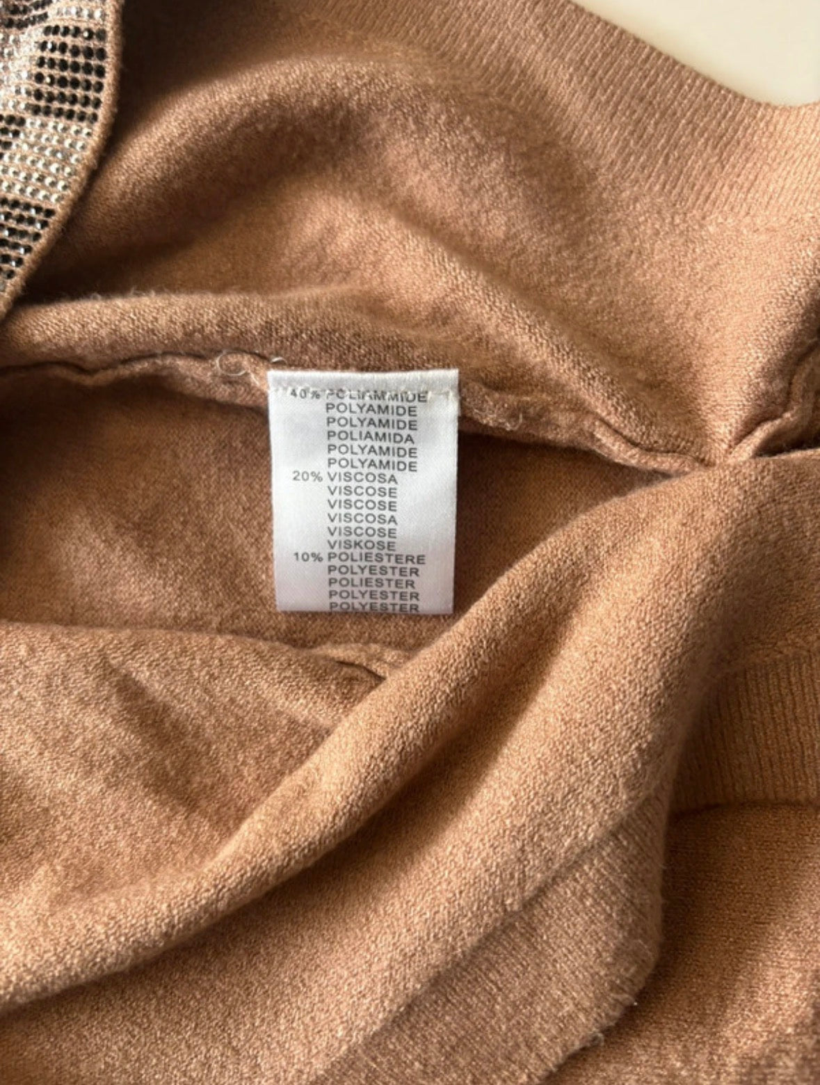 M&V Camel Brown Poncho Top with Rhinestone Check Trim – S/M
