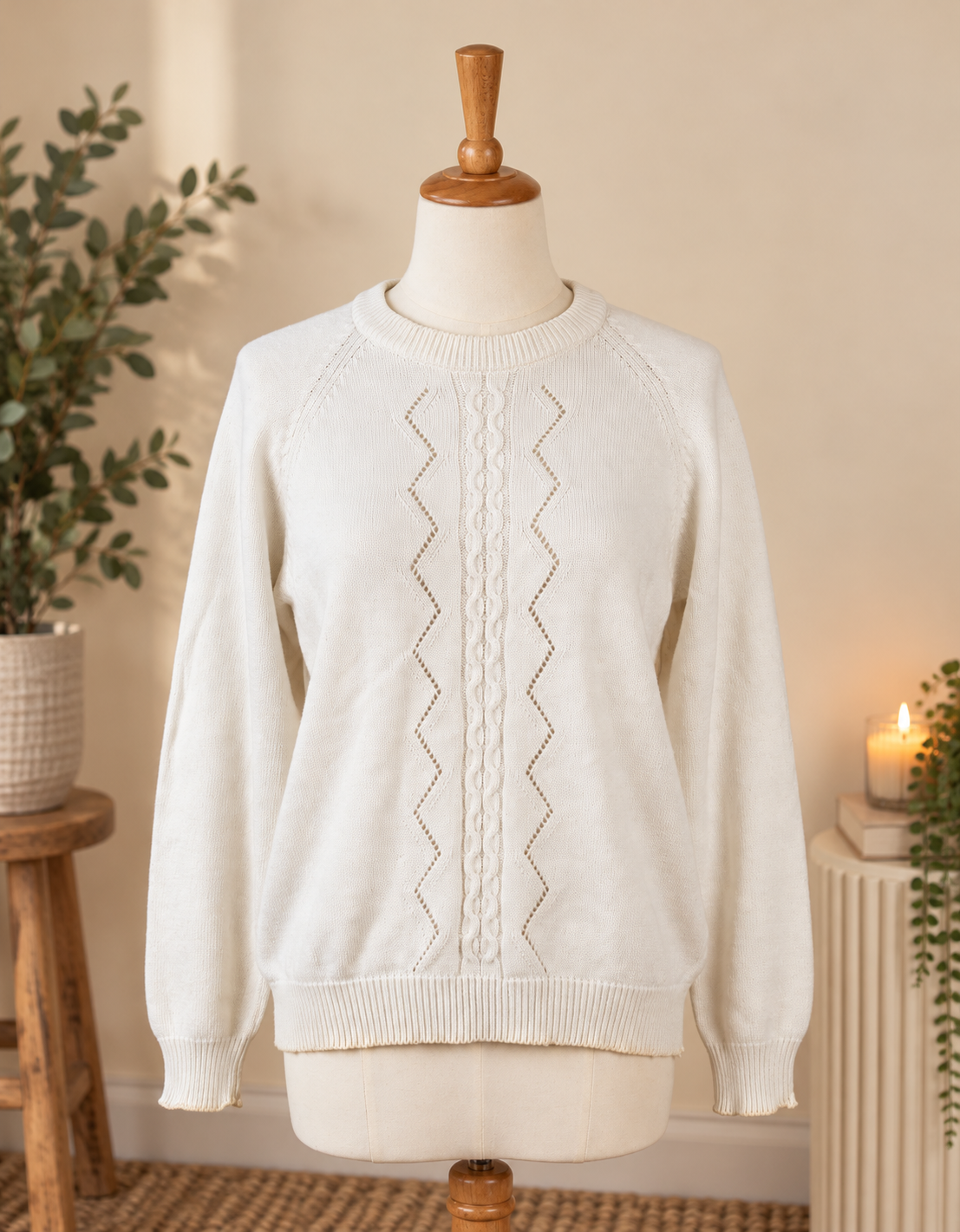 Vintage Falmer Victorian Garden Cream Cotton Cable Knit Jumper – Size M