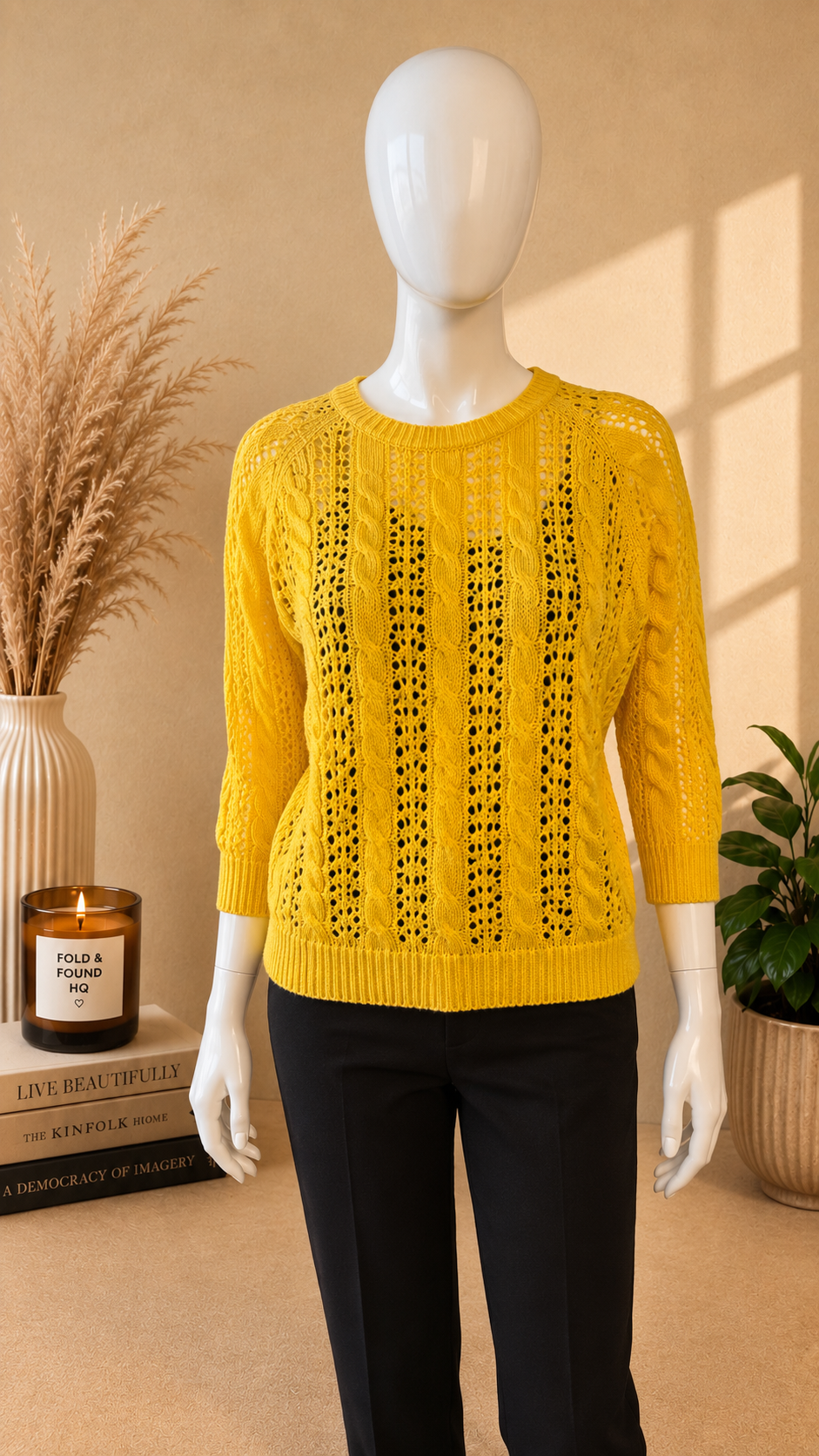 Poster Made in Italy Yellow Cotton Openwork Cable Knit Jumper – Medium
