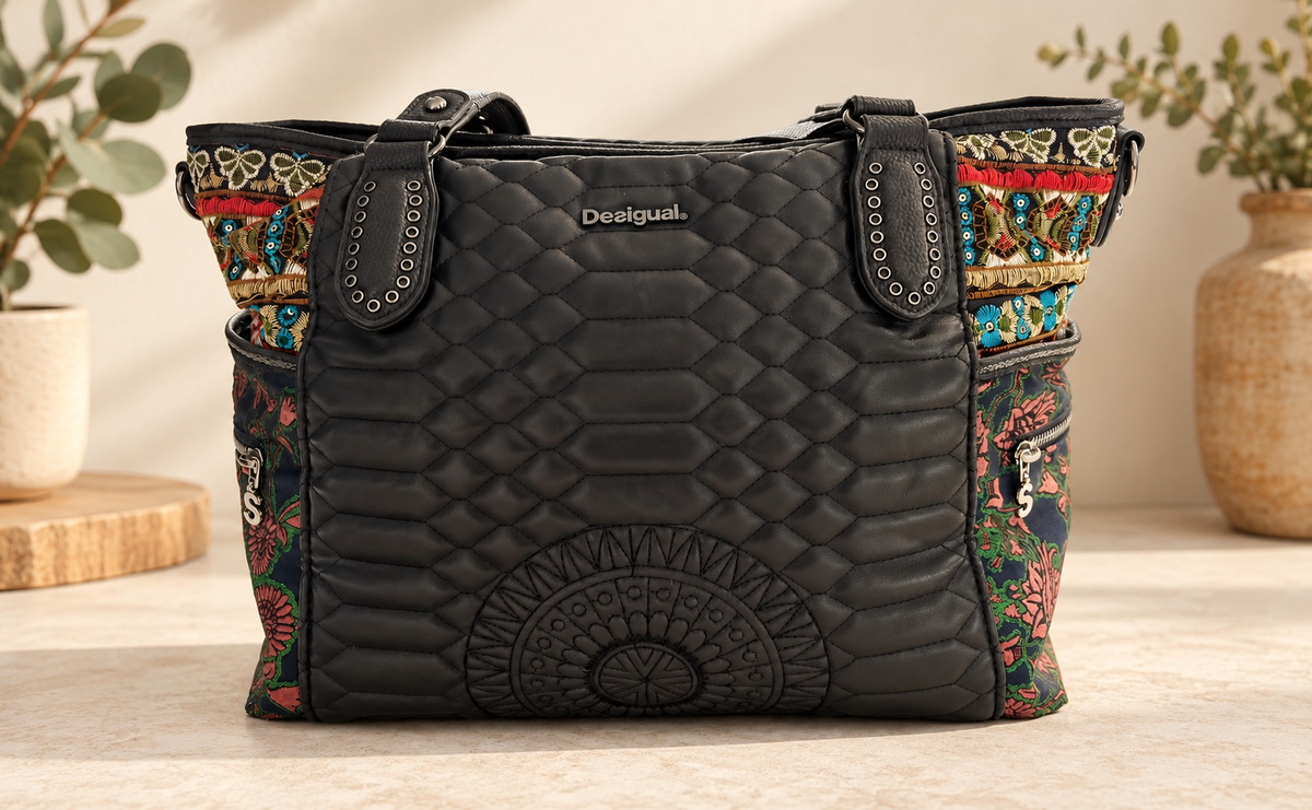 Desigual Holbox Embroidered Quilted Shoulder Bag – Black & Khaki￼