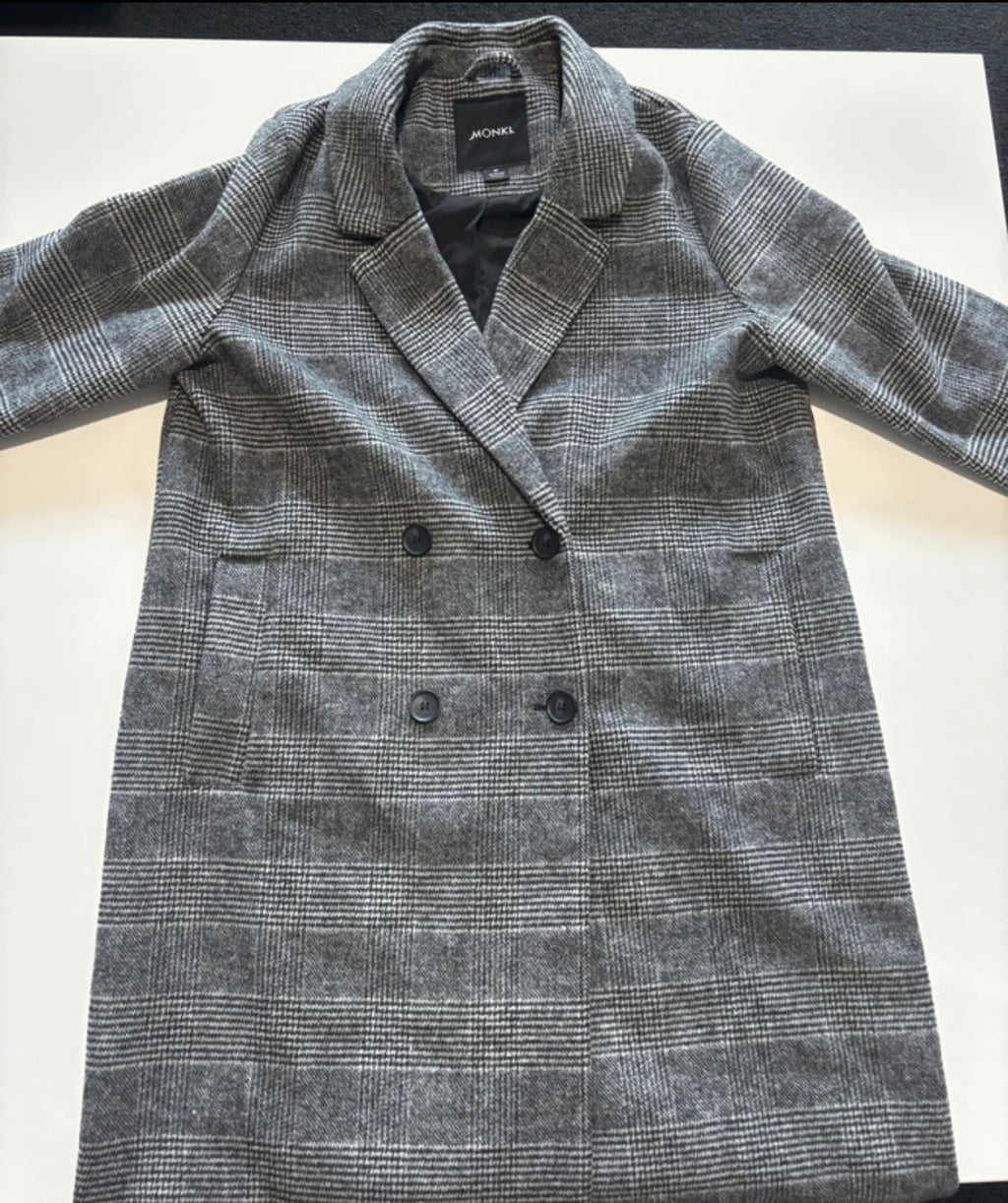 Monki Grey Checked Long Coat – Size M | Fold & Found