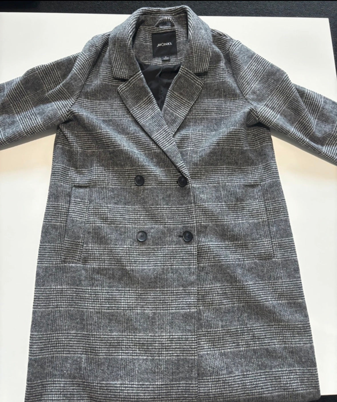 Monki Grey Checked Long Coat – Size M | Fold & Found