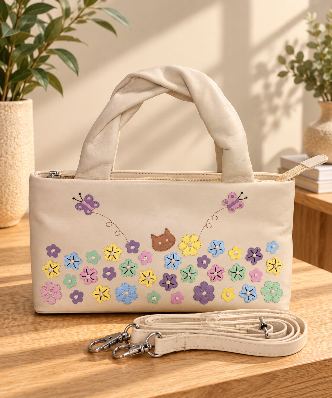 Ciccia Cream Leather Floral Appliqué Handbag – Cat & Butterfly Detail