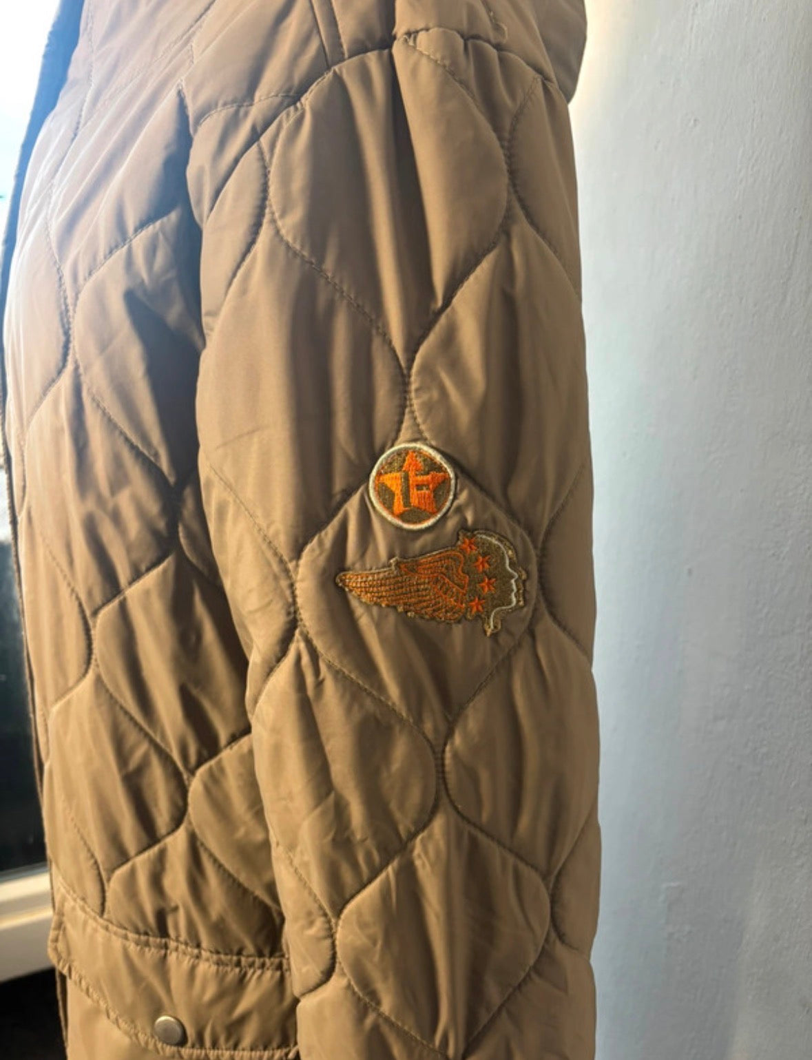 Fluid Khaki Quilted Longline Winter Coat with Faux Fur Hood – Size M