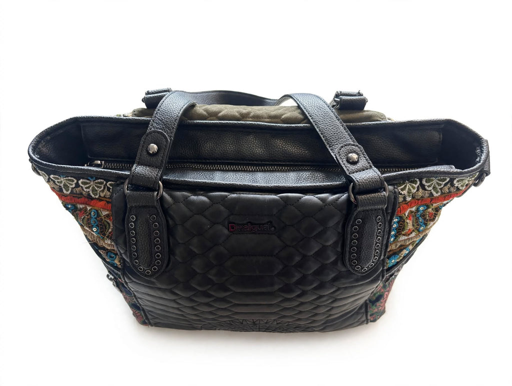 Desigual Holbox Embroidered Quilted Shoulder Bag – Black & Khaki￼
