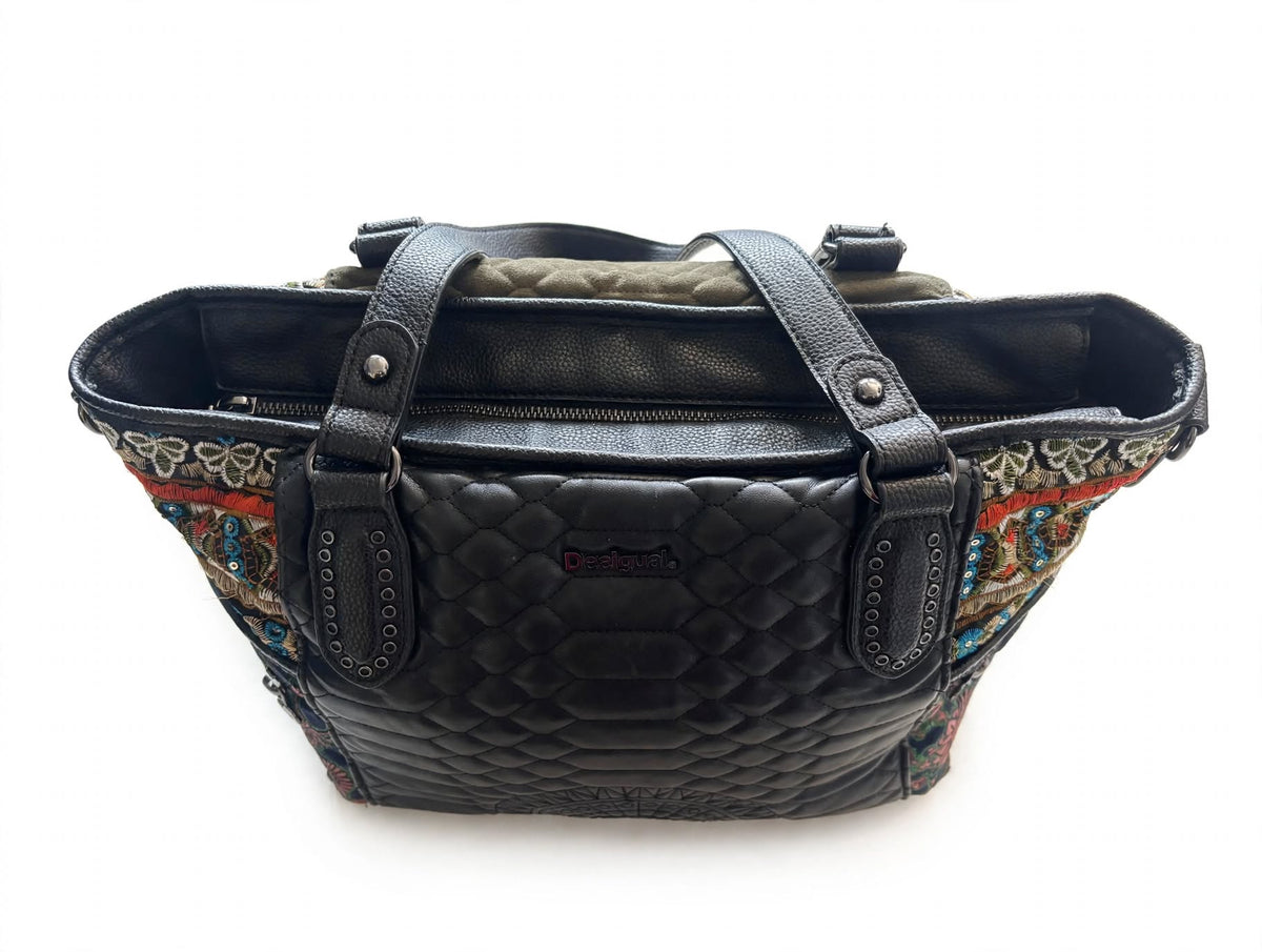Desigual Holbox Embroidered Quilted Shoulder Bag – Black & Khaki￼