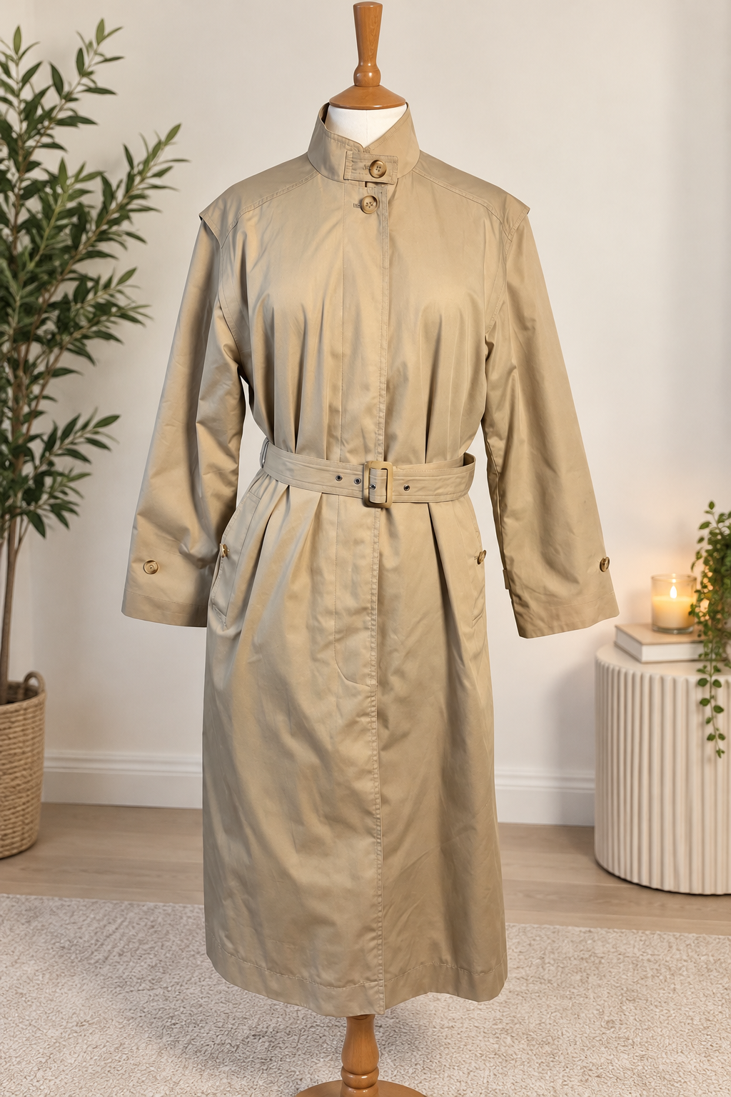 Vintage Style Beige Belted Longline Trench Coat – UK 12–14