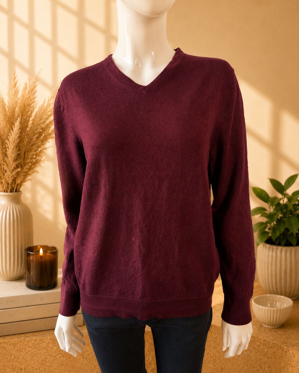 Celio Italian Merino Wool V-Neck Jumper – Burgundy | XL