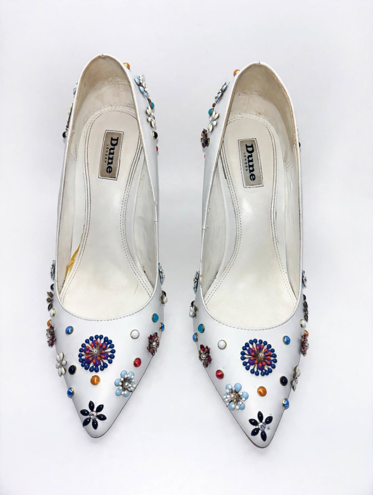 Dune London White Embellished Pointed-Toe Stiletto Heels – Size 40￼