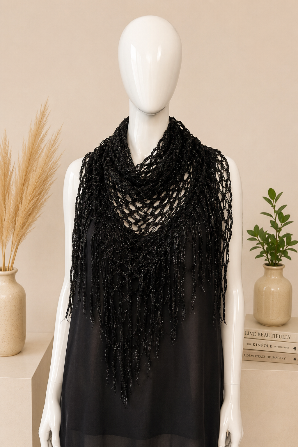 Black Crochet Fringe Shawl Scarf Wrap Boho Festival Festival Style