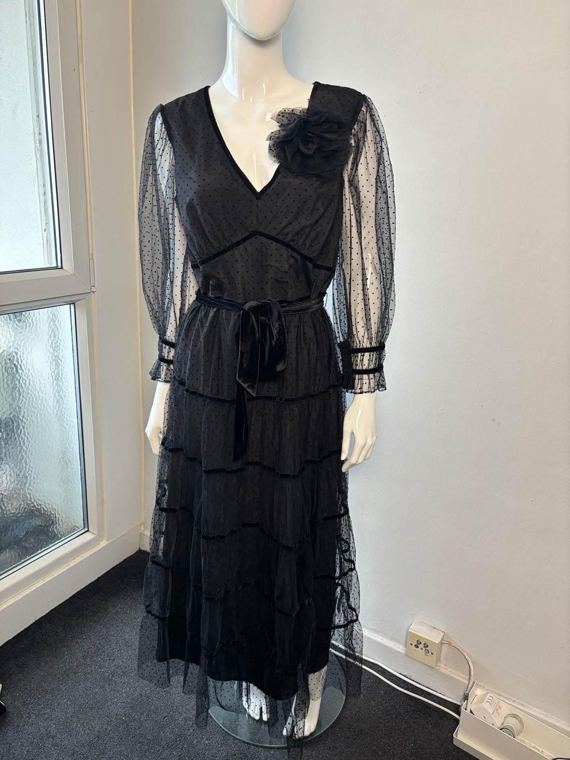 Monsoon Flocked Tulle Tiered Maxi Dress – Black | UK 14