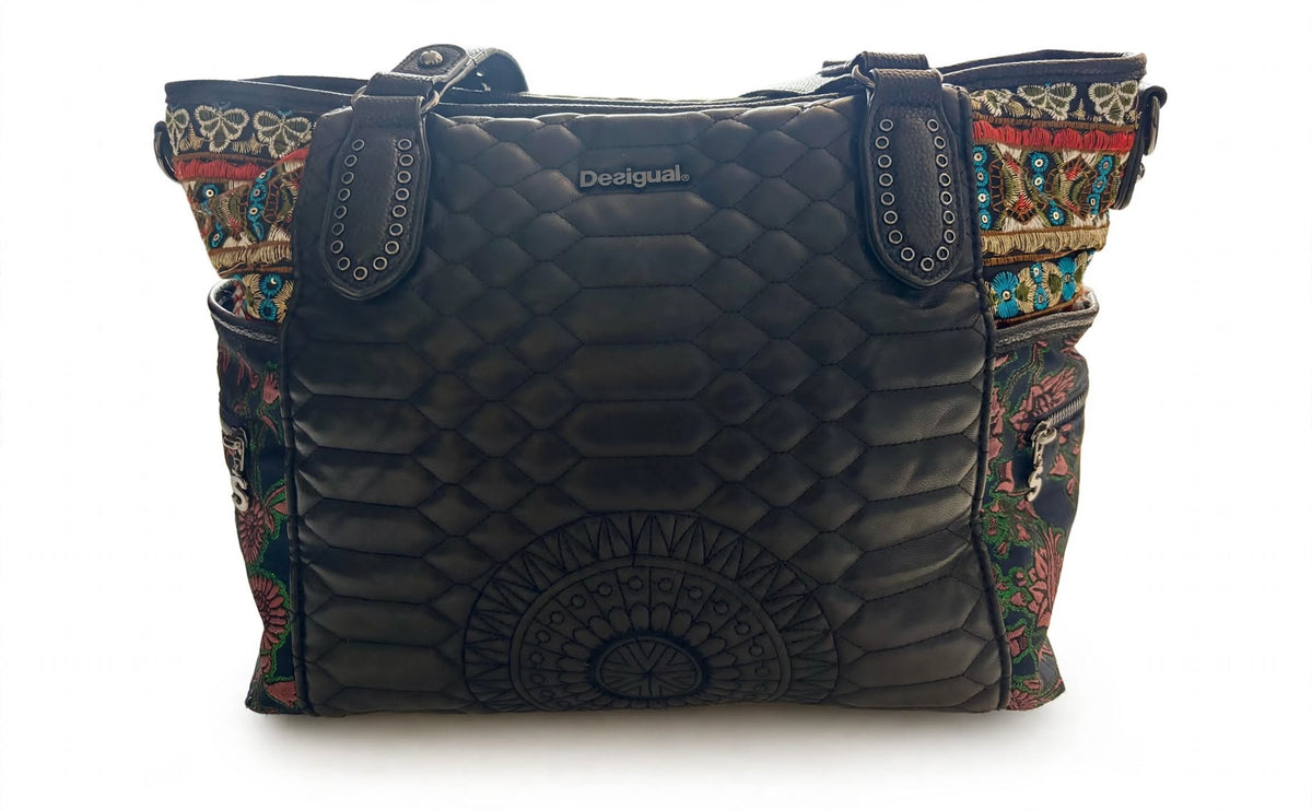 Desigual Holbox Embroidered Quilted Shoulder Bag – Black & Khaki￼