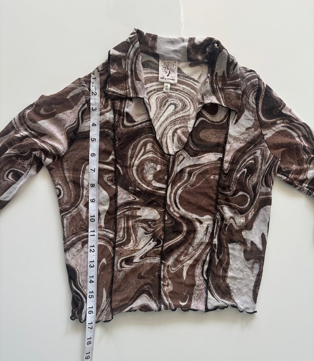 Y2K Brown Marble Print Mesh Long Sleeve Top | Size M