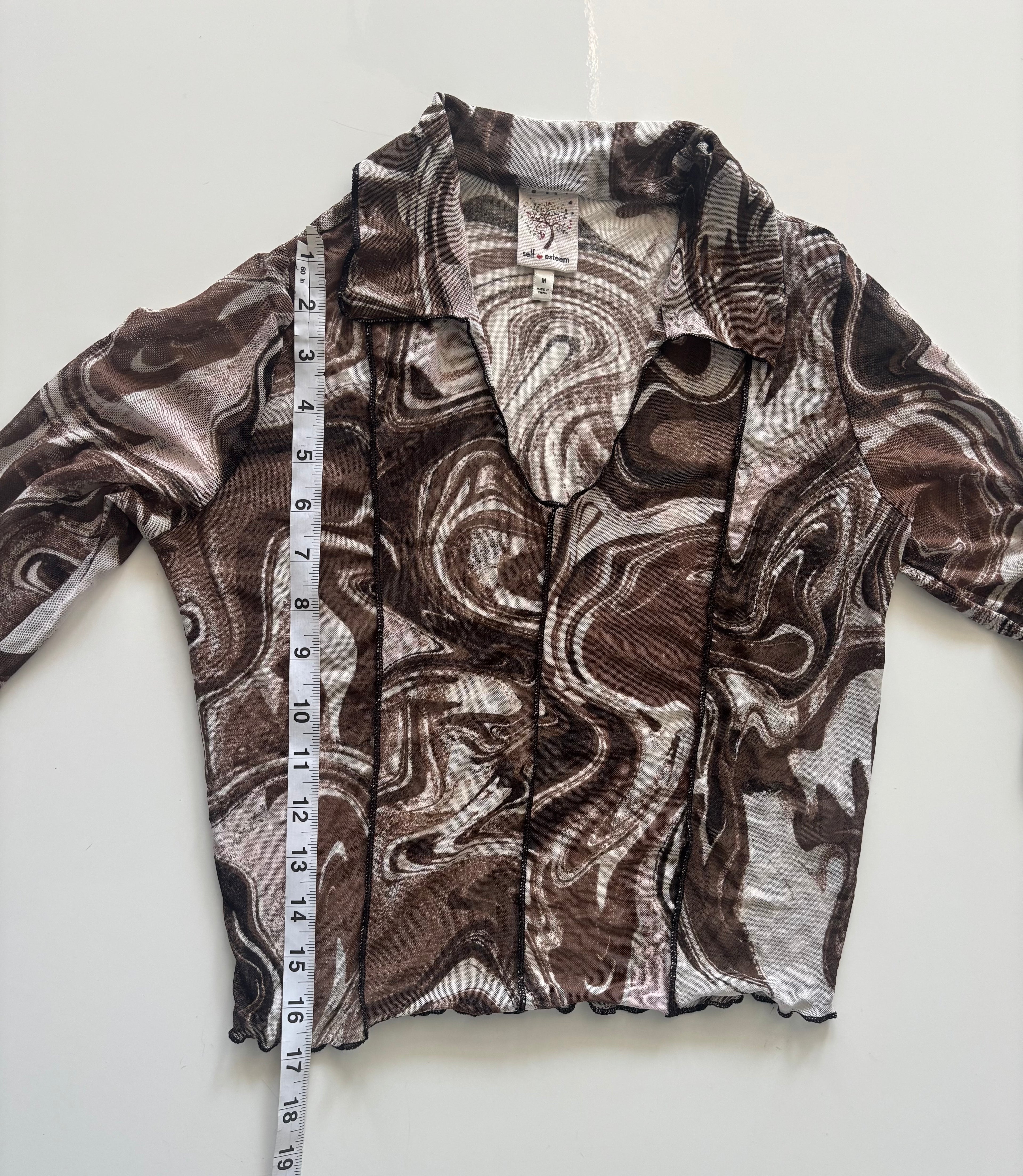 Y2K Brown Marble Print Mesh Long Sleeve Top | Size M