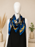 Vintage Blue Equestrian Chain Print Satin Feel Square Scarf – 36”
