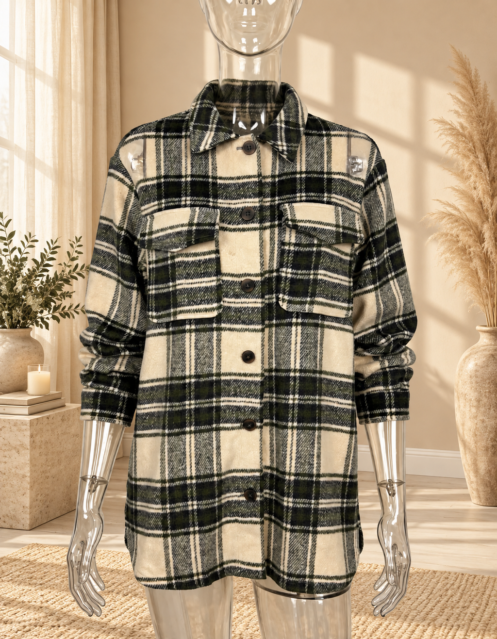 New Look Cream & Dark Green Checked Shacket – UK 10￼