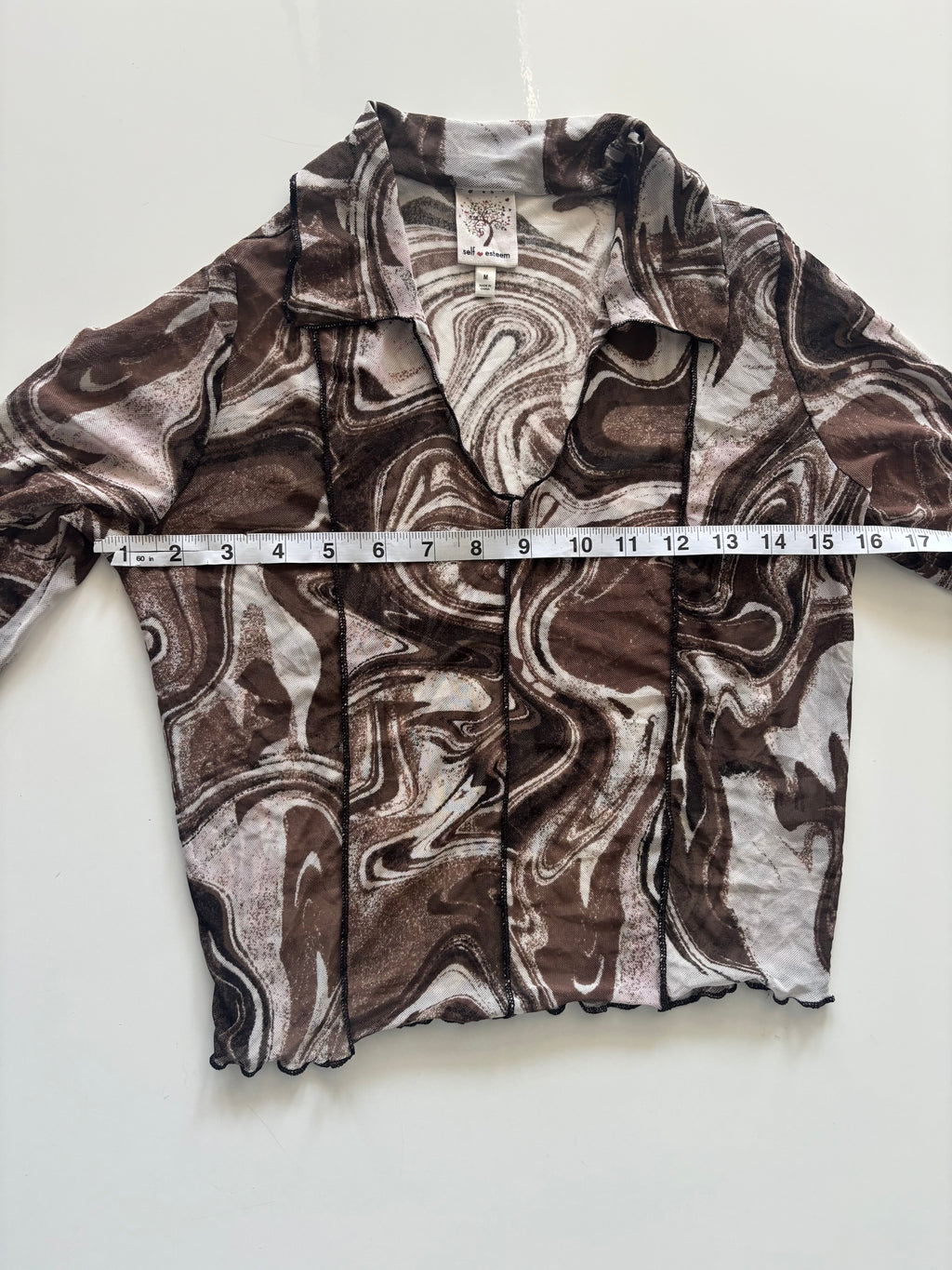 Y2K Brown Marble Print Mesh Long Sleeve Top | Size M