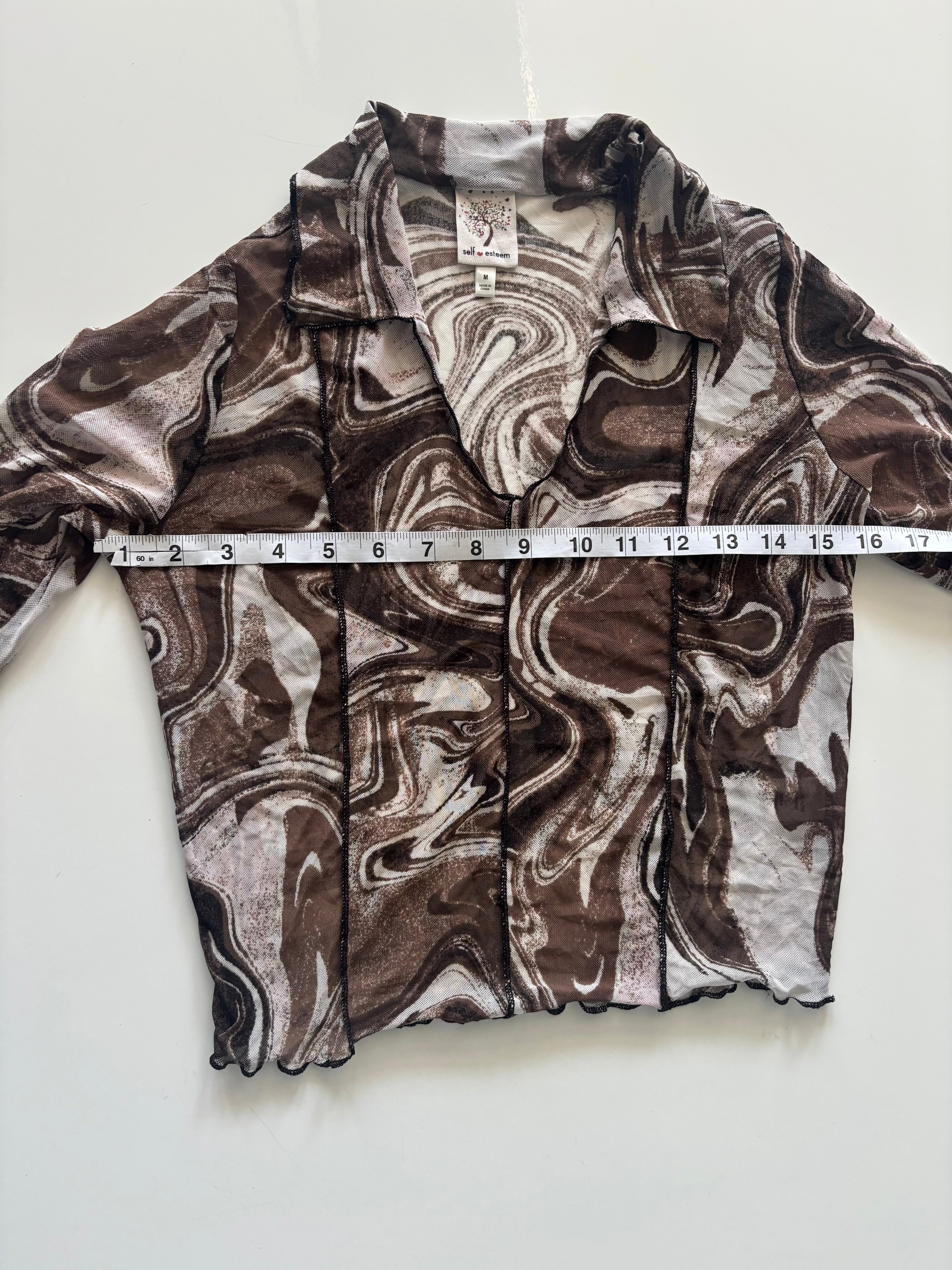 Y2K Brown Marble Print Mesh Long Sleeve Top | Size M