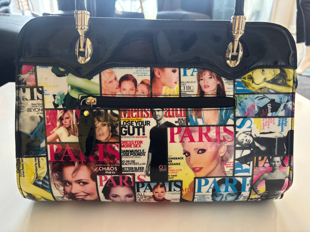 Y2K-Style Paris Magazine Collage Handbag – Black Patent-Look & Gold Tone￼