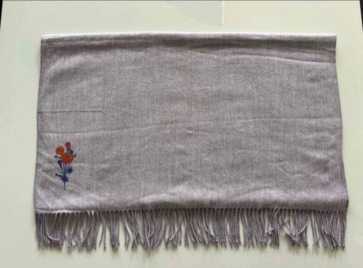 Lilac Floral Embroidered Scarf with Fringed Ends