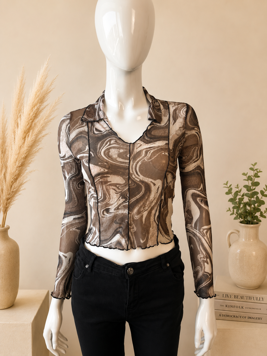 Y2K Brown Marble Print Mesh Long Sleeve Top | Size M