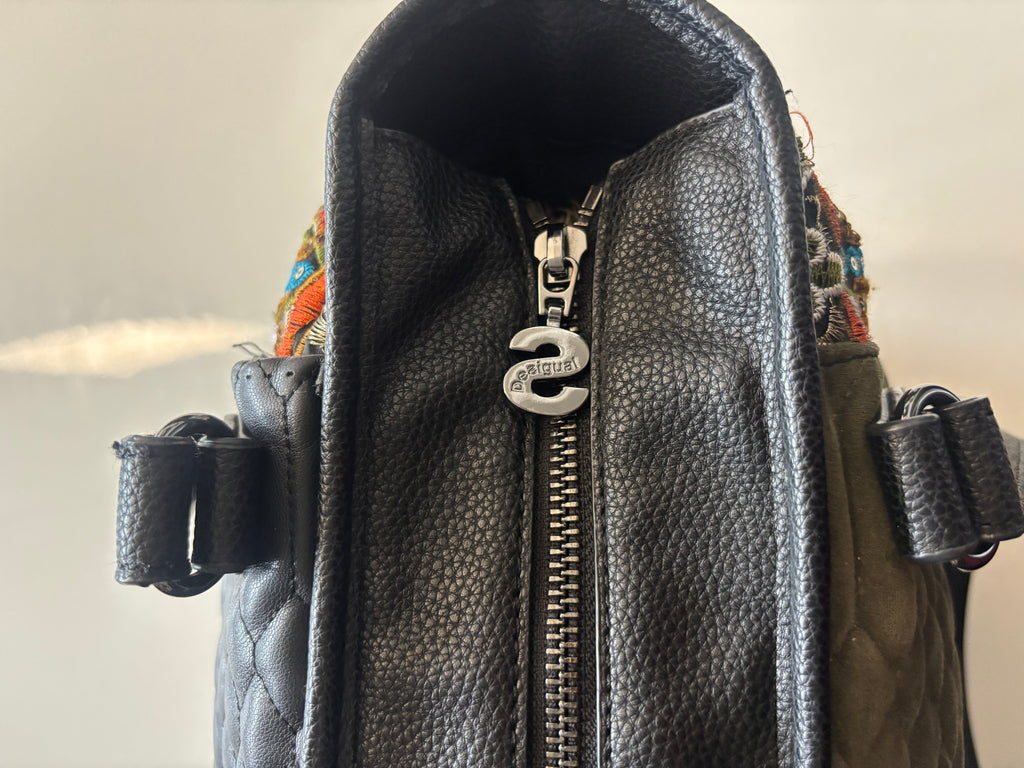 Desigual Holbox Embroidered Quilted Shoulder Bag – Black & Khaki￼