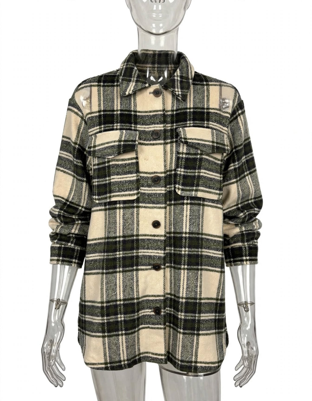New Look Cream & Dark Green Checked Shacket – UK 10￼
