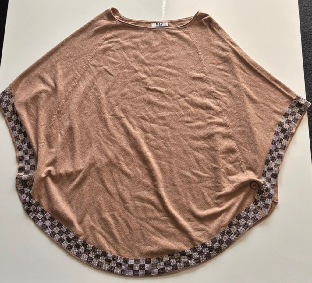 M&V Camel Brown Poncho Top with Rhinestone Check Trim – S/M
