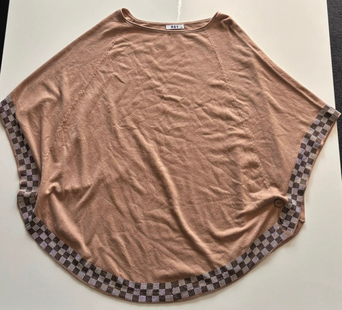 M&V Camel Brown Poncho Top with Rhinestone Check Trim – S/M