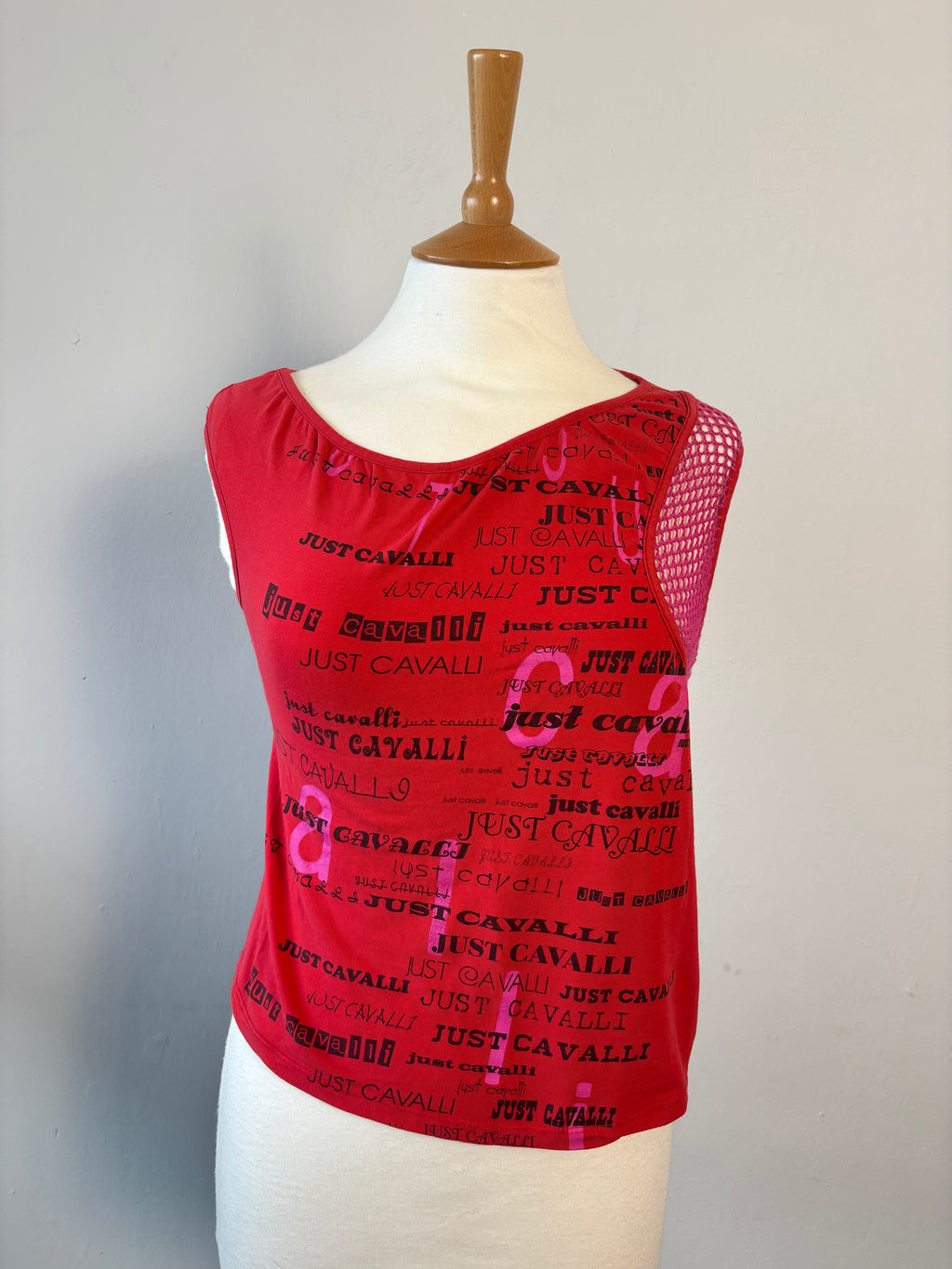 Just Cavalli Y2K Logo Mesh Top – Red Asymmetric Shoulder (UK M)