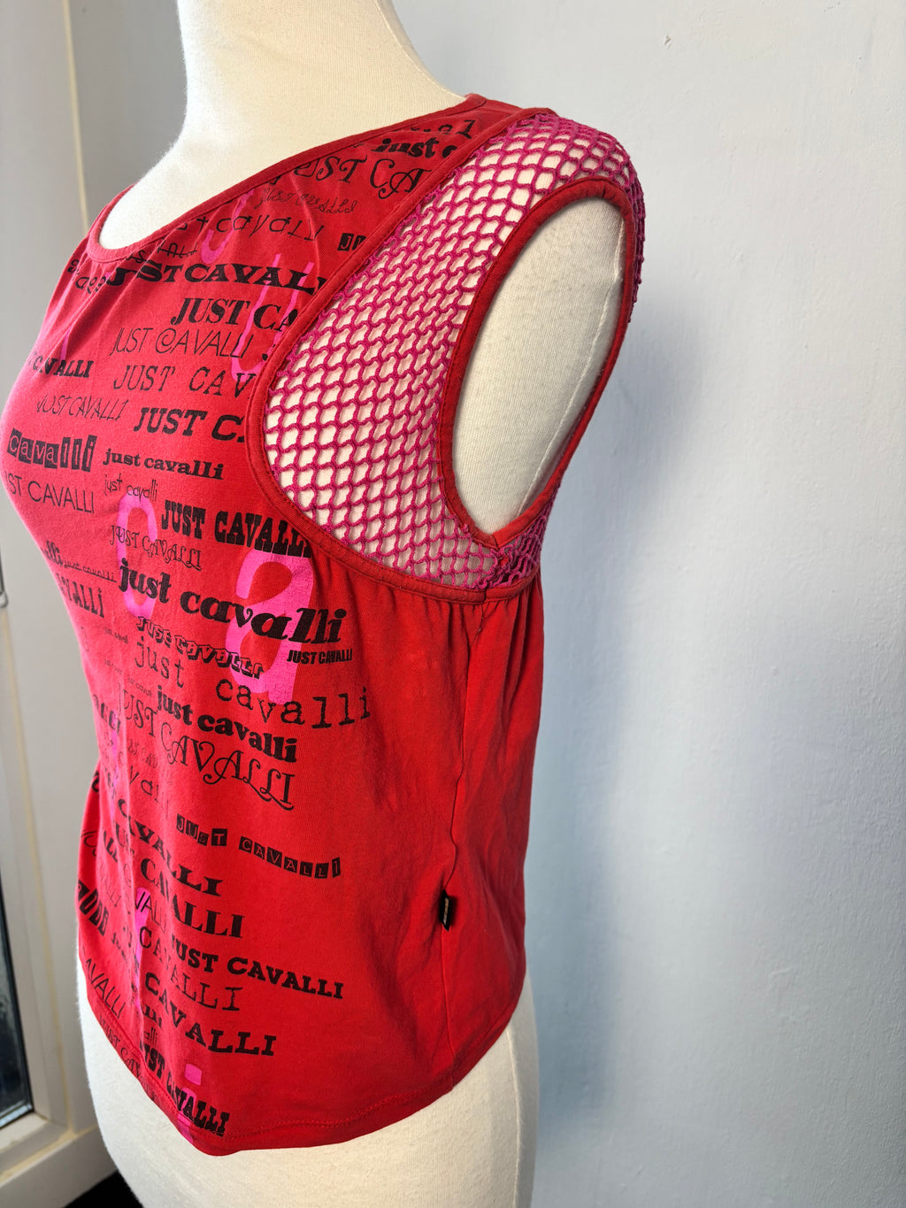 Just Cavalli Y2K Logo Mesh Top – Red Asymmetric Shoulder (UK M)