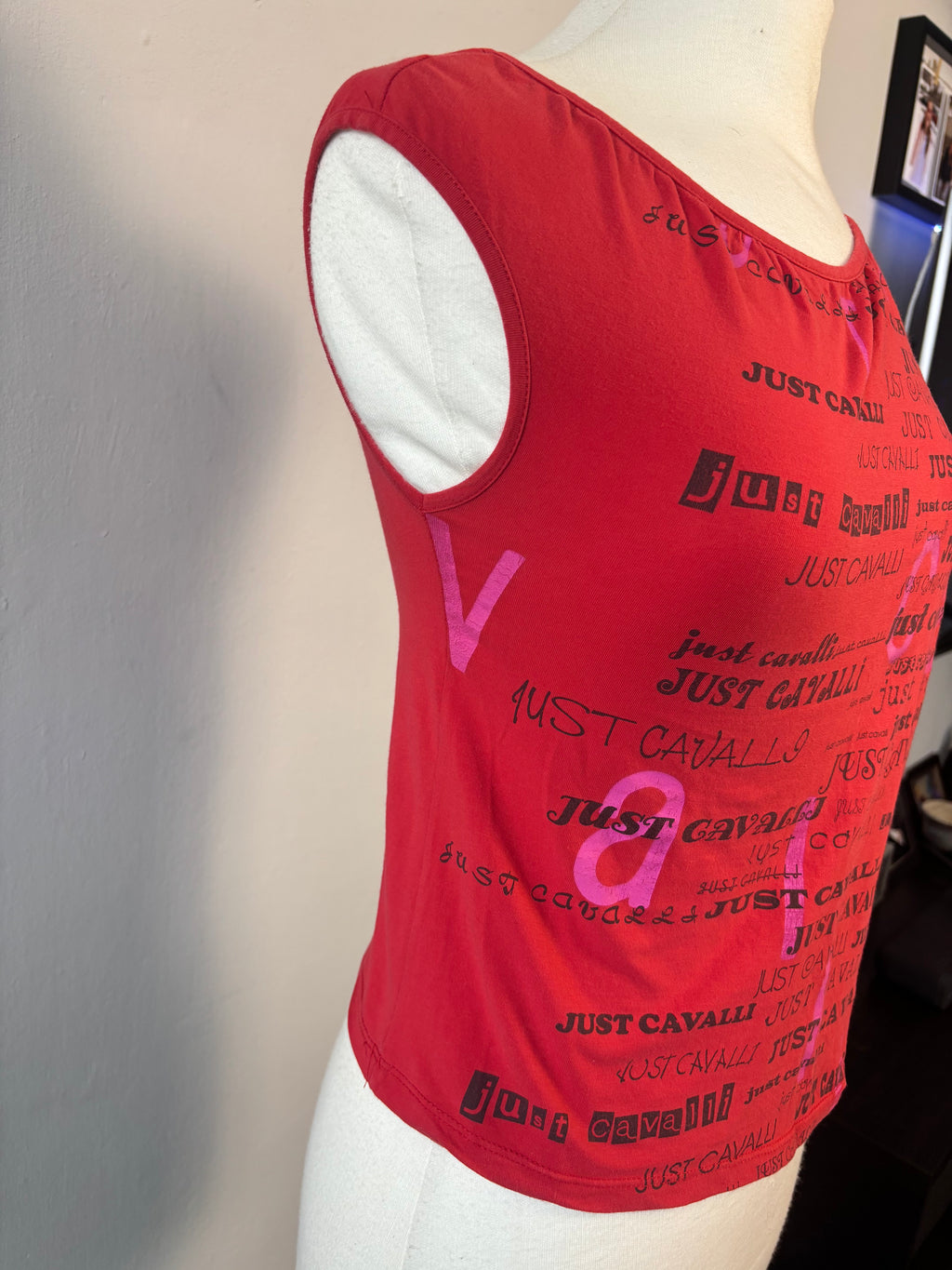Just Cavalli Y2K Logo Mesh Top – Red Asymmetric Shoulder (UK M)