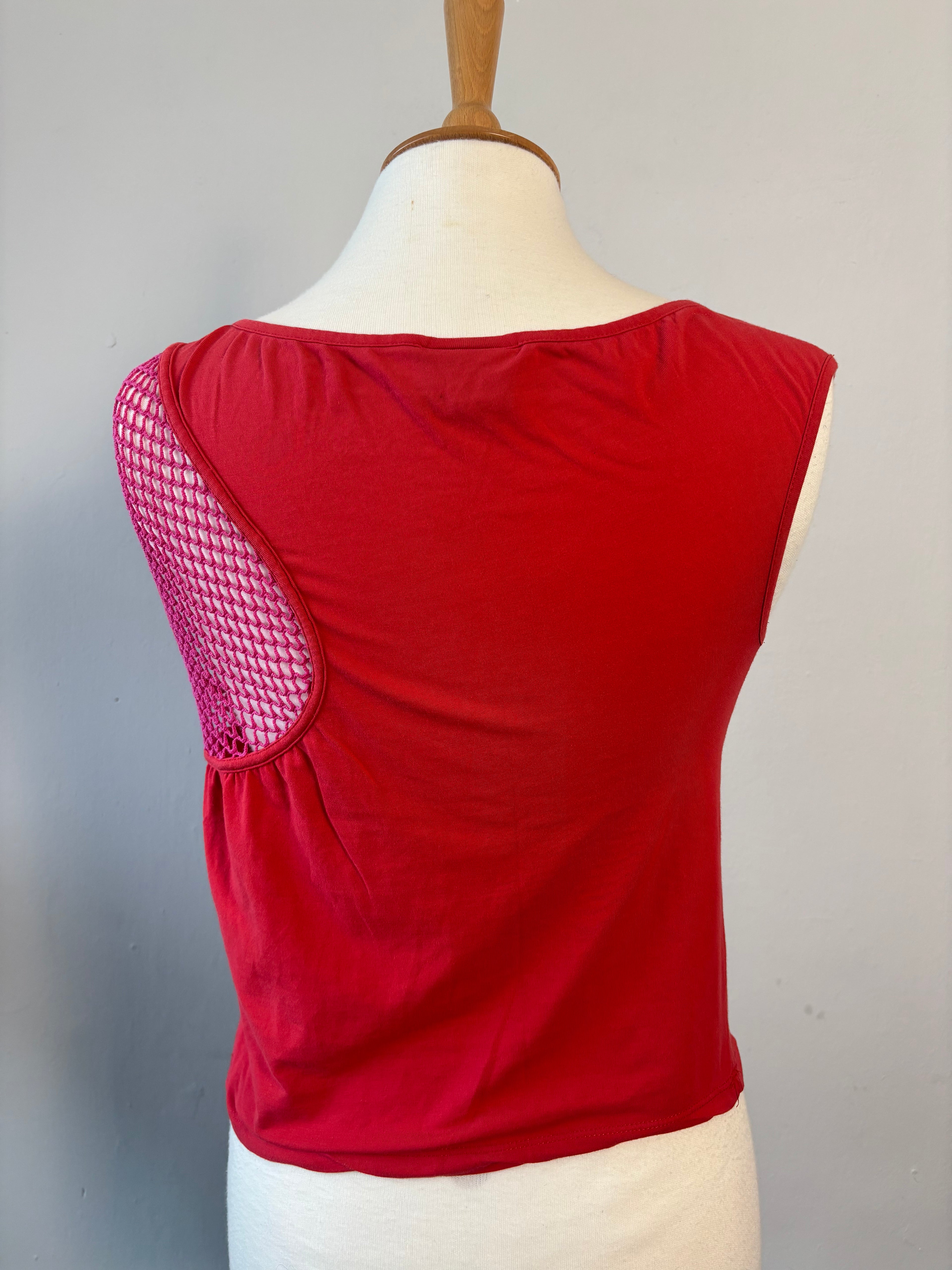 Just Cavalli Y2K Logo Mesh Top – Red Asymmetric Shoulder (UK M)