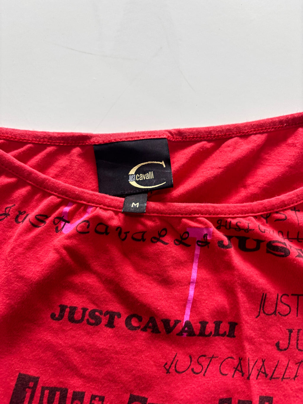 Just Cavalli Y2K Logo Mesh Top – Red Asymmetric Shoulder (UK M)