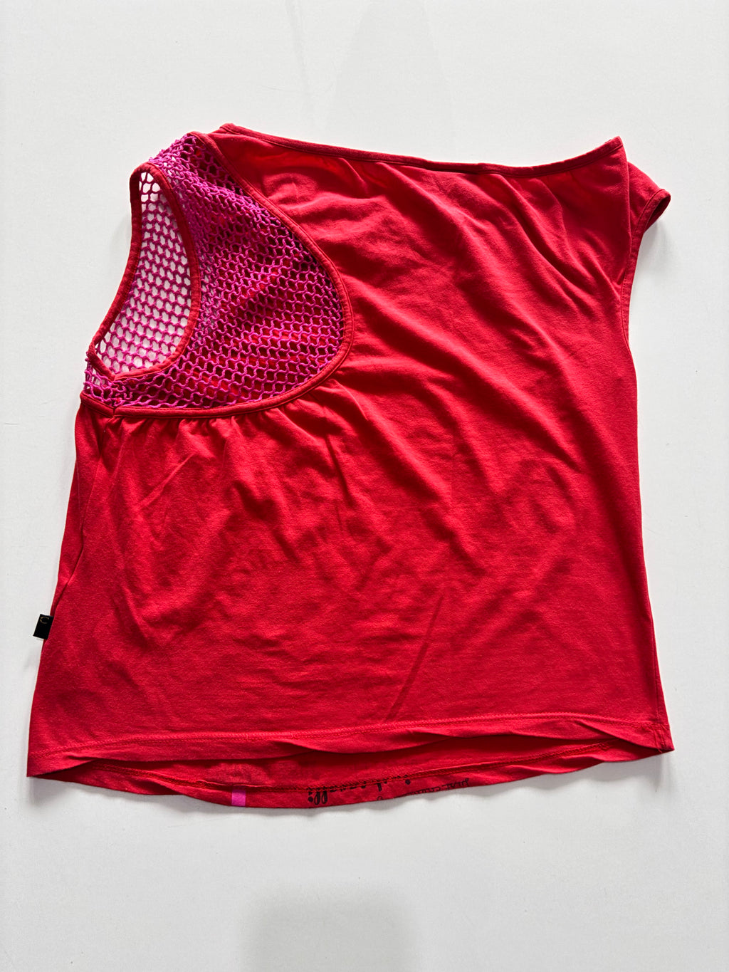 Just Cavalli Y2K Logo Mesh Top – Red Asymmetric Shoulder (UK M)