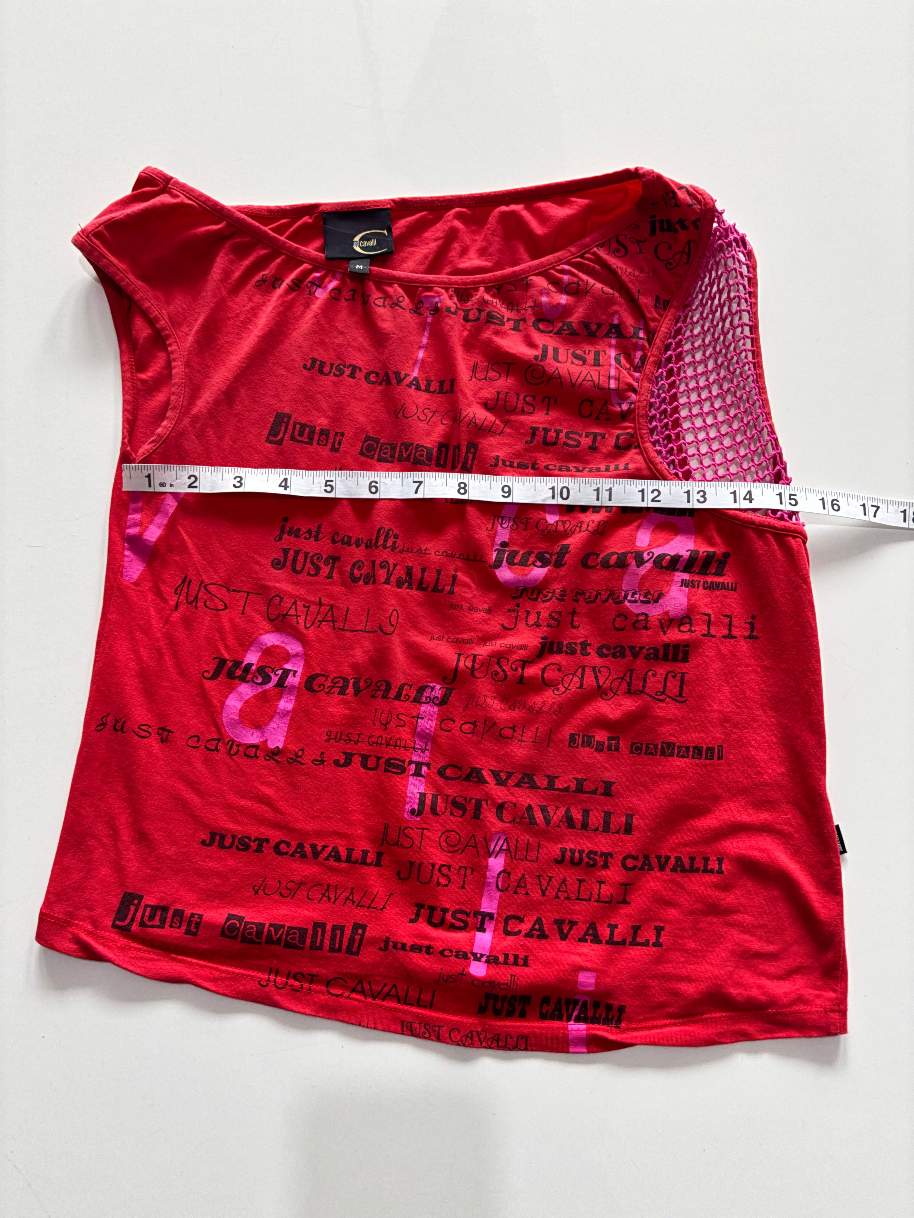 Just Cavalli Y2K Logo Mesh Top – Red Asymmetric Shoulder (UK M)