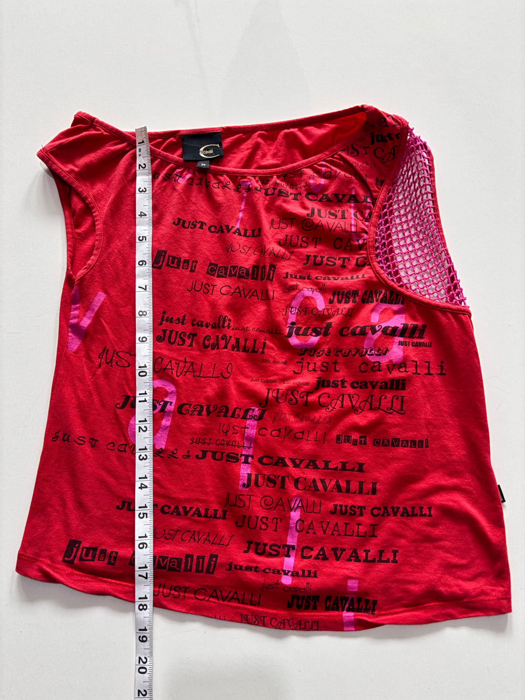 Just Cavalli Y2K Logo Mesh Top – Red Asymmetric Shoulder (UK M)