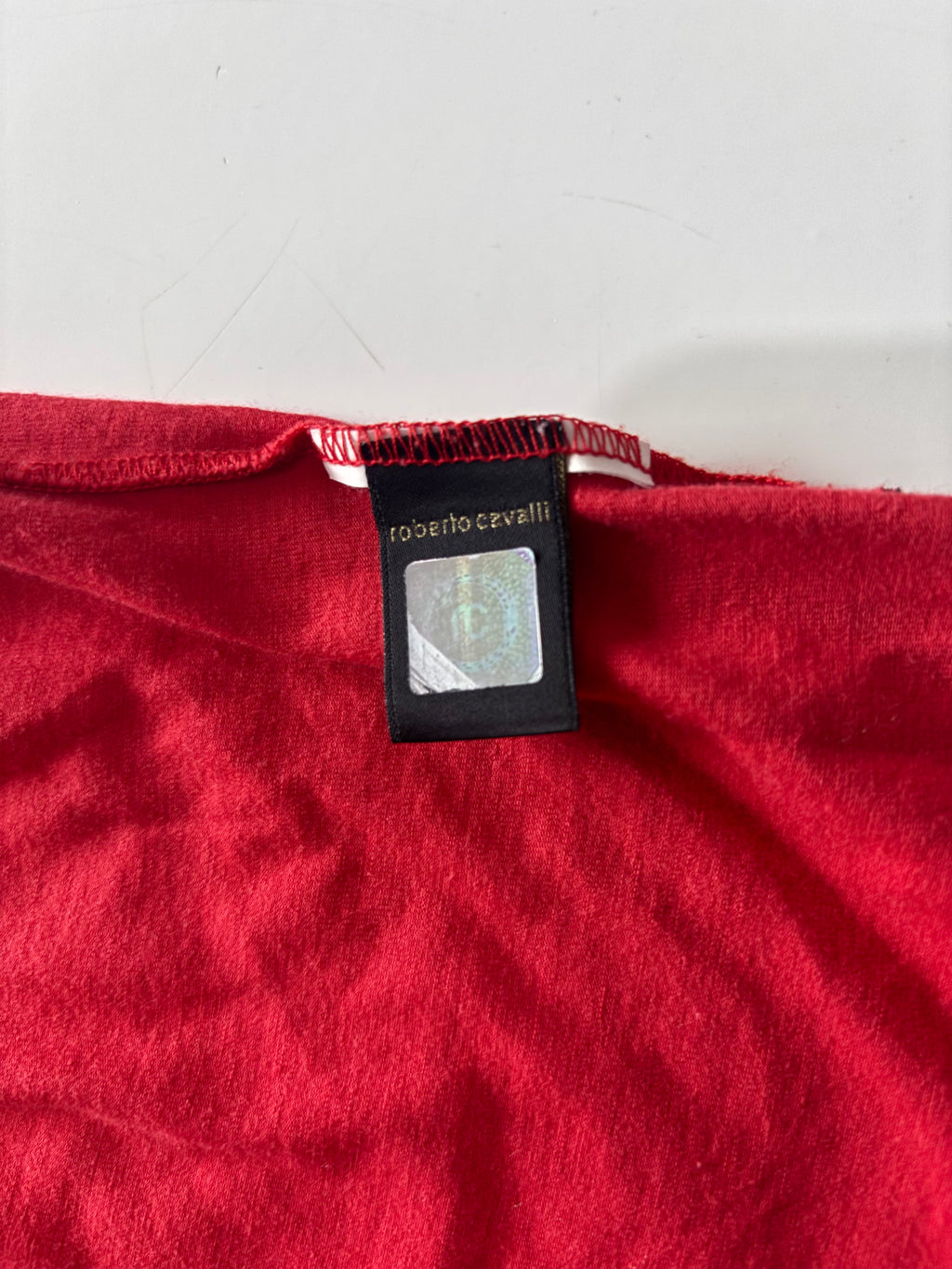 Just Cavalli Y2K Logo Mesh Top – Red Asymmetric Shoulder (UK M)