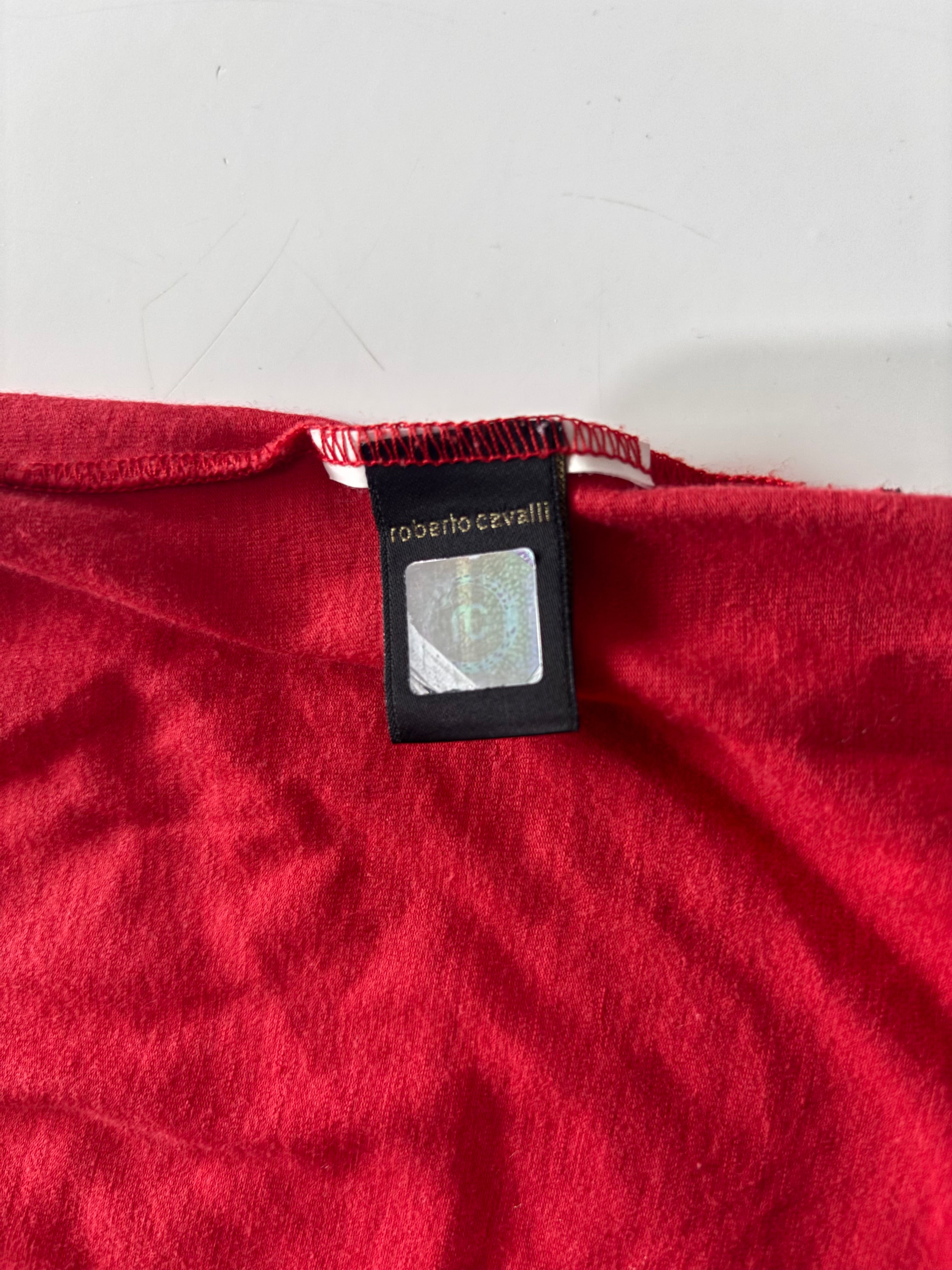 Just Cavalli Y2K Logo Mesh Top – Red Asymmetric Shoulder (UK M)