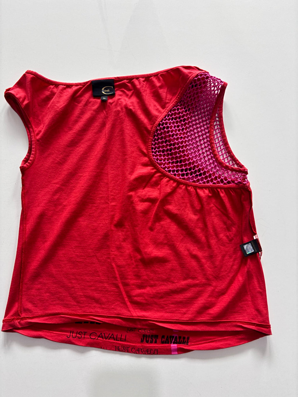 Just Cavalli Y2K Logo Mesh Top – Red Asymmetric Shoulder (UK M)